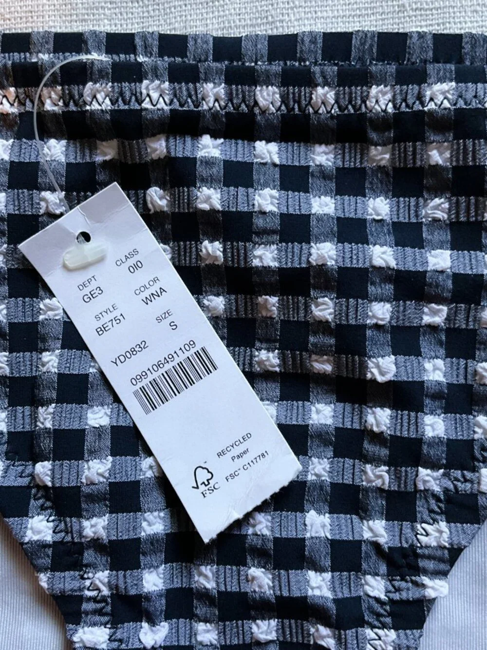 NWT J Crew Women’s Gingham Seersucker Bikini Bottom, Navy/White, Sz S - Picture 2 of 8